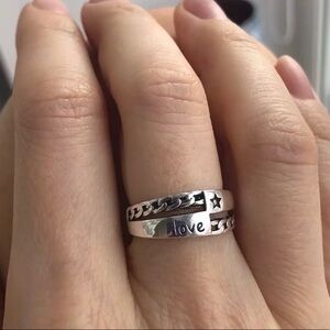 925 Sterling Silver Adjustable Star & Love Ring Trendy One Size Fits Most